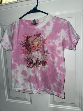 Delta Pink and White Tie-Dye 'Believe' Santa Graphic Tee